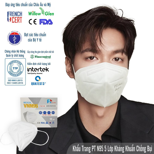 Khẩu Trang Y tế VNN95 PT Mask, 5 Lớp, Kháng Khuẩn, Chống Bụi Siêu Mịn PM2.5, Màu Trắng - Đạt Các Chứng Chỉ ISO 13485, ISO 9001, CE, FDA, TGA.