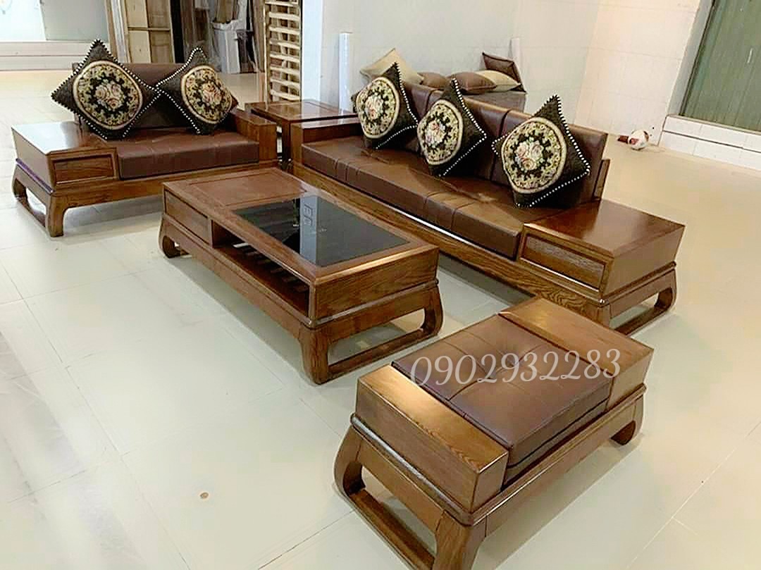 Bộ bàn ghế phòng khách sofa 2 văng gỗ sồi chân quỳ G003