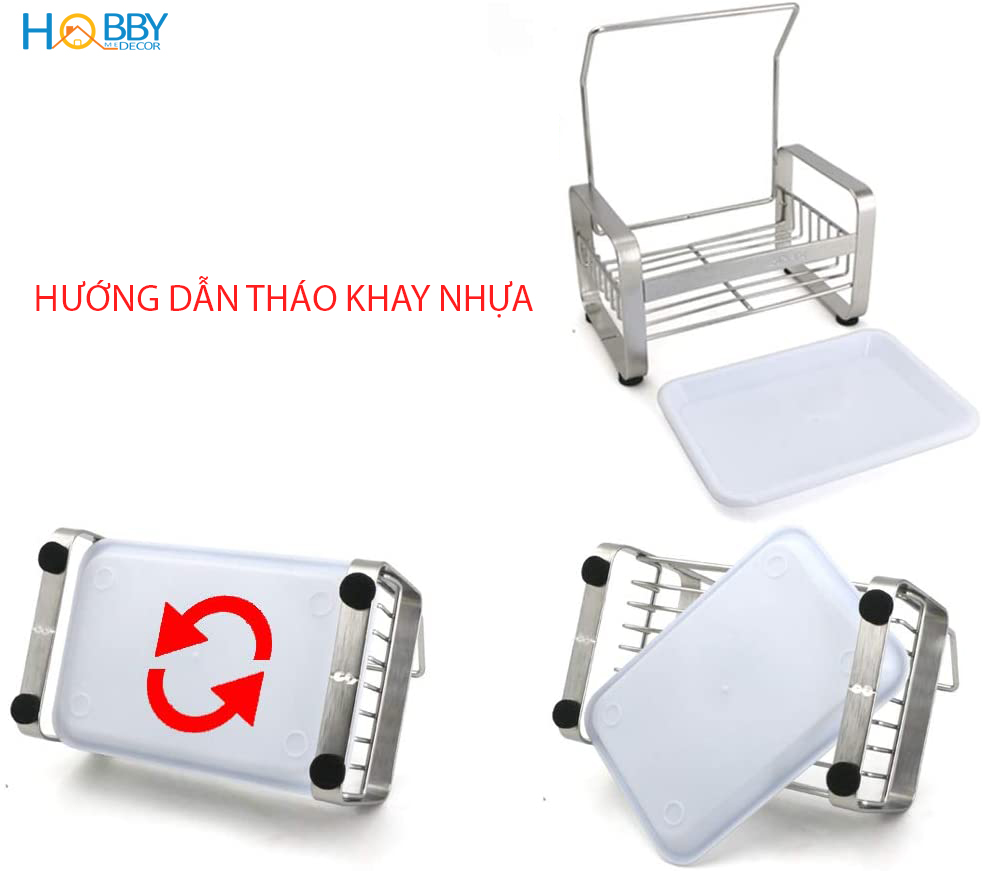 Kệ đựng đồ rửa chén có thanh treo khăn lau bếp HOBBY KRC3 Inox 304 khay hứng nước - có miếng dán và keo Sealant fix