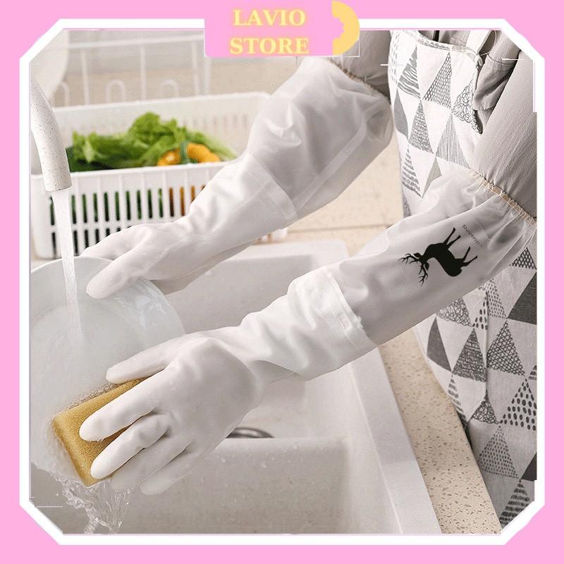 Găng Tay Rửa Chén Bát Lót Nỉ Siêu Dai Dài Tay - Cổ cao - Có chun chống tụt 88237