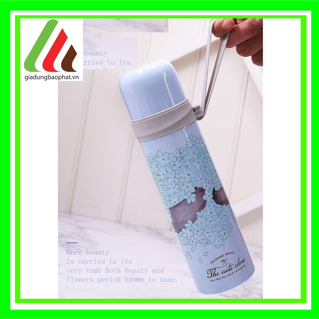 Bình giữ nhiệt the cute elves 500ml inox 2 lớp chân không cách nhiệt in hình dễ thương có dây xách tiện lợi