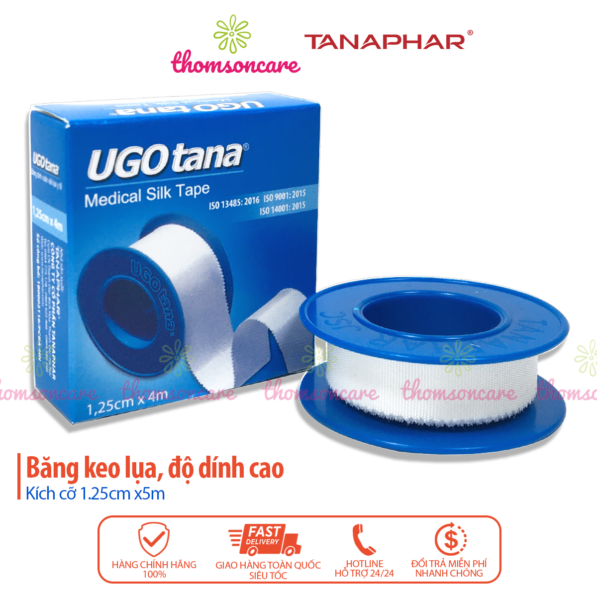 Băng keo lụa y tế UGOTANA kích thước 1,25cm x 4m - Độ dính cao, mềm, sơ cứu vết thương