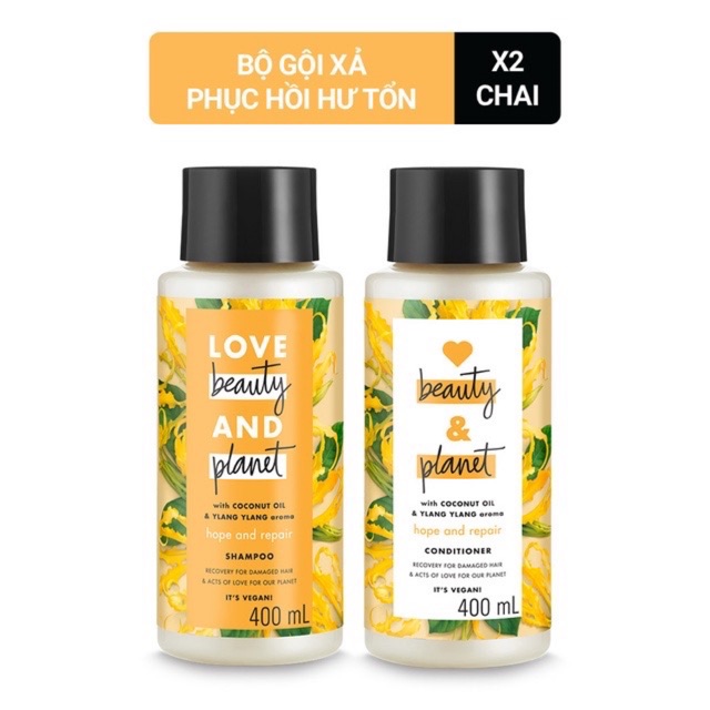 Combo Dầu Gội Dầu Xả Love Beauty &amp; Planet Phục Hồi Chẻ Ngọn Hope &amp; Repair 100% Dầu Dừa Organic Hương Ngọc Lan Tây 400ML