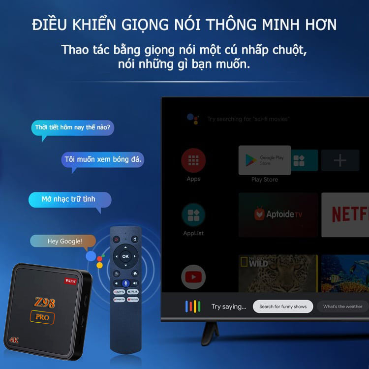 Tivi box Z98 Pro mới có điều khiển giọng nói tiếng việt Ram 4G Rom 32G hỗ trợ bluetooth Wifi băng tần kép cài sẵn chương trình tivi và xem phim HD miễn phí vĩnh viễn - Hàng nhập khẩu