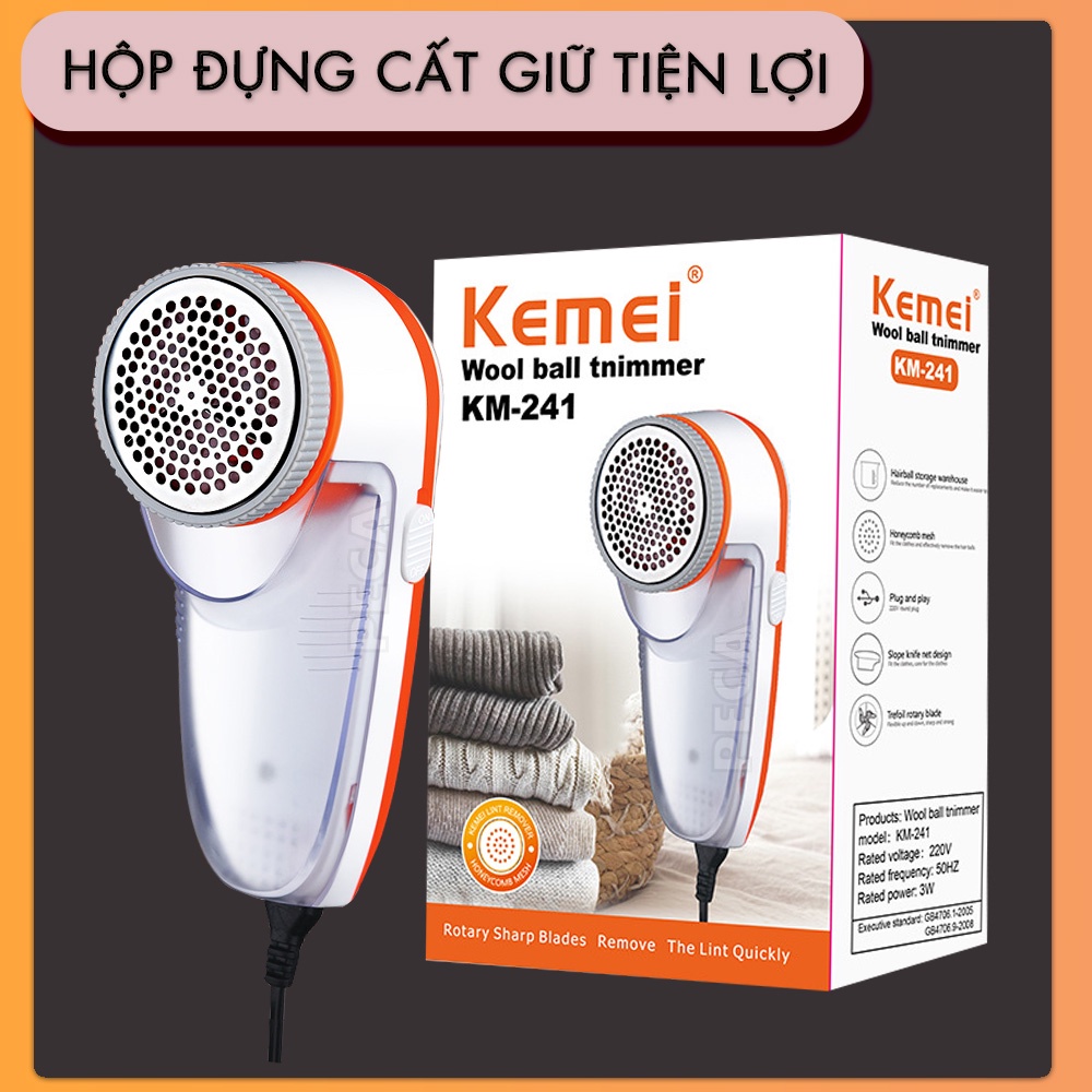 Máy cắt lông xù vải Kemei Km-241 chuyên dụng cắt lông xù quần áo, ga nệm nhanh chống sử dụng dây sạc tiện lợi - Hàng chính hãng