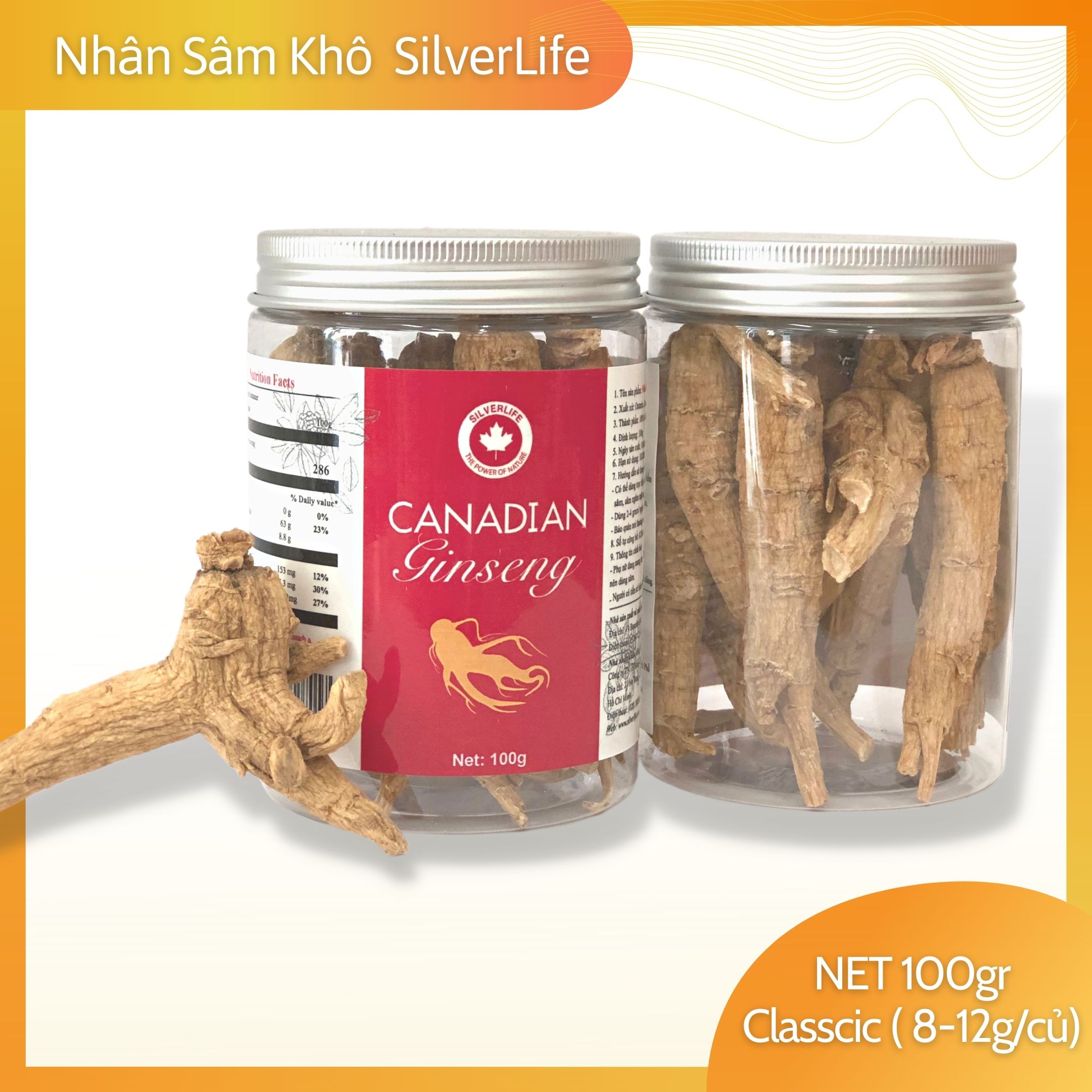 Nhân sâm Canada SilverLife Classic hũ 100g | Nhân sâm Canada khô nguyên củ