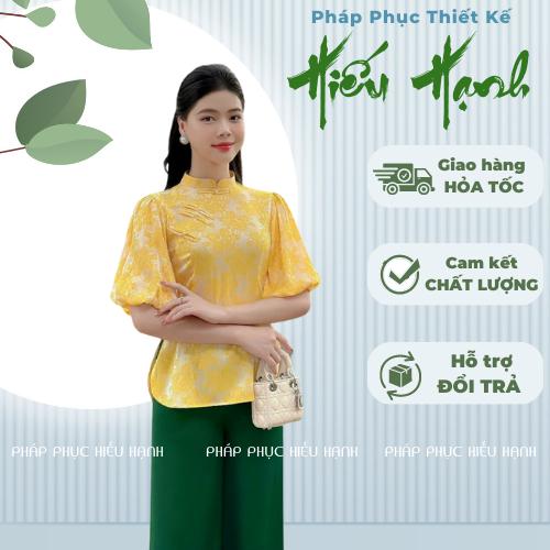Bộ lam đi chùa nữ, set bộ mặc đi chùa chất áo gấm vàng phối quần lụa xanh lạ mắt