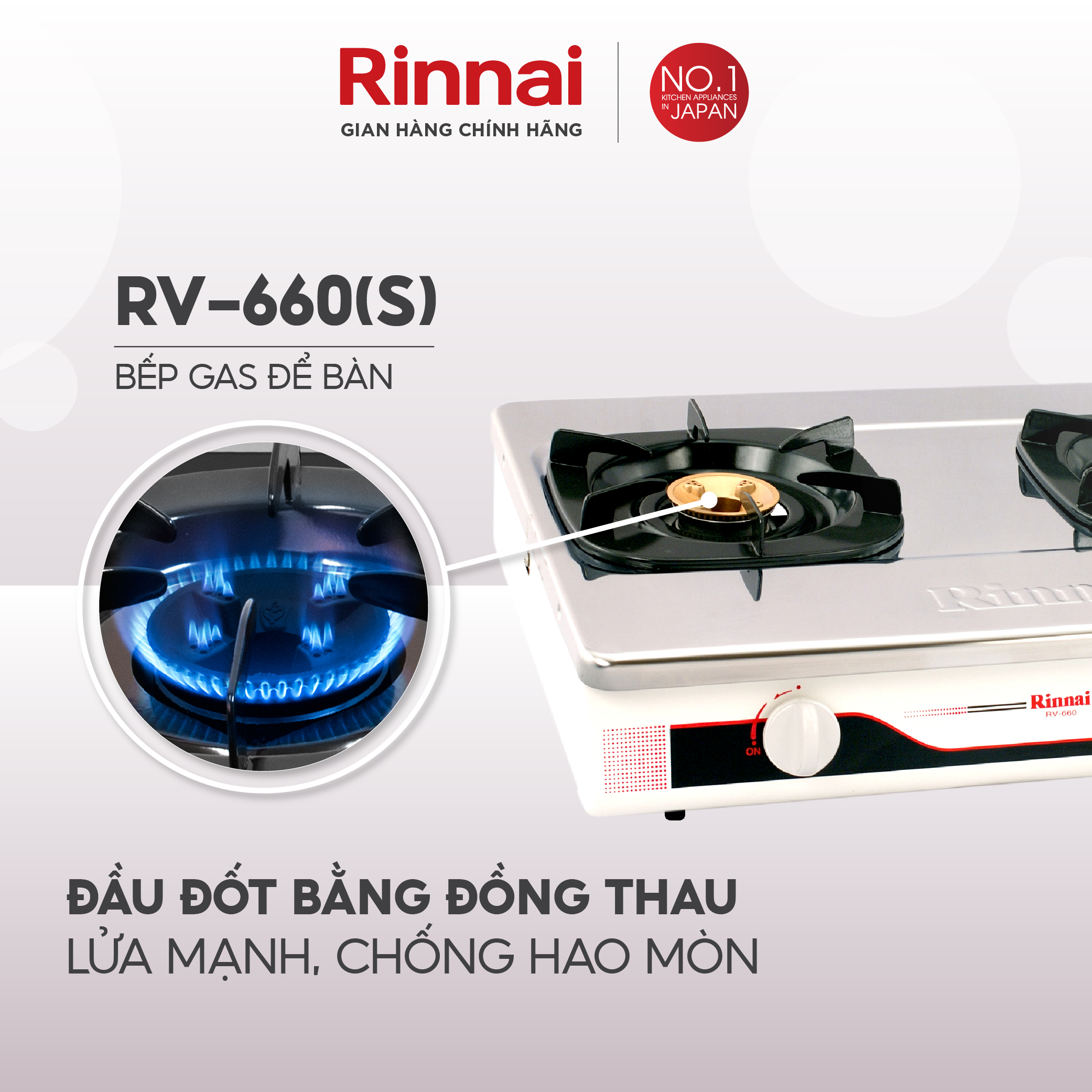 Bếp gas dương Rinnai RV-660 mặt bếp inox và kiềng bếp men - Hàng chính hãng.
