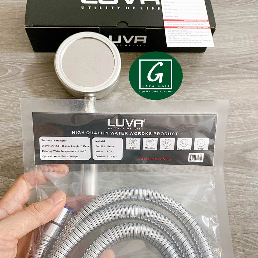 Combo vòi hoa sen Luva VS4 kèm dây sen Luva GK2, inox 304, lõi đồng, dài 1.5m, BH 1 năm đổi lỗi 30 ngày