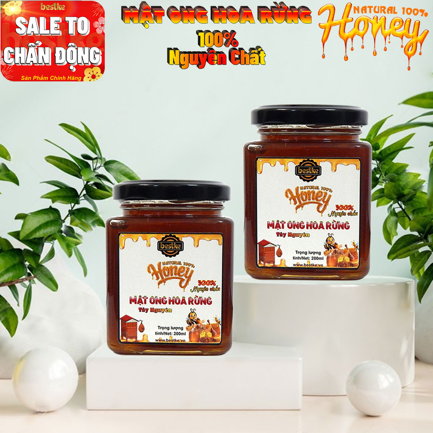 Mật ong hoa rừng Tây Nguyên nguyên chất 100% tự nhiên, Set 2 hũ, mỗi hũ 200ml, honey natural bestke