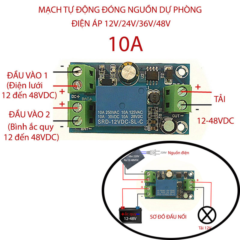 Module mạch tự động đóng nguồn dự phòng X804 12-48VDC 10A, có độ trễ