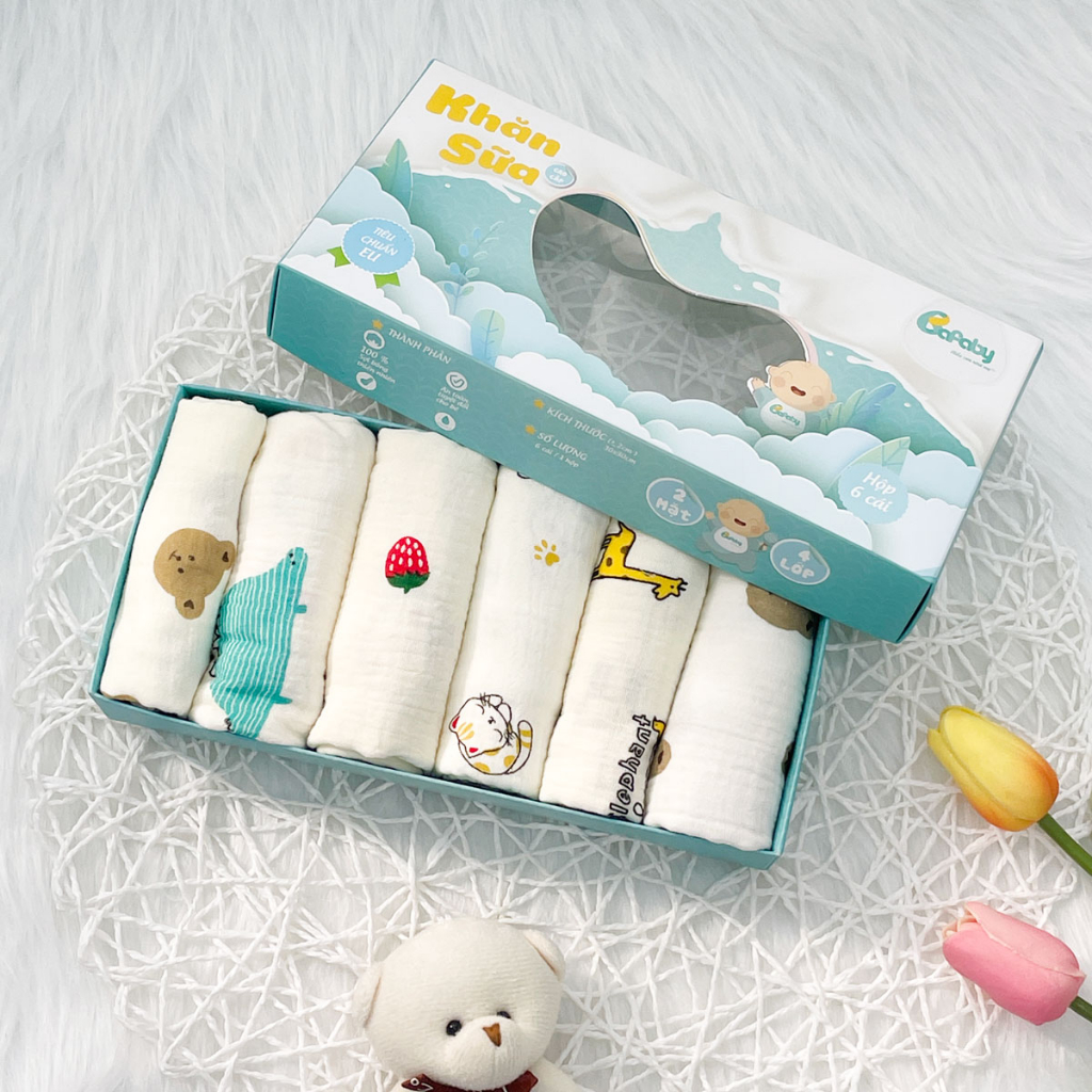 Combo Khăn Sữa Cho Bé Khăn Xô Muslin 2 4 Lớp Siêu Thấm Hút Họa Tiết Cute An Toàn Da Bé - 330C