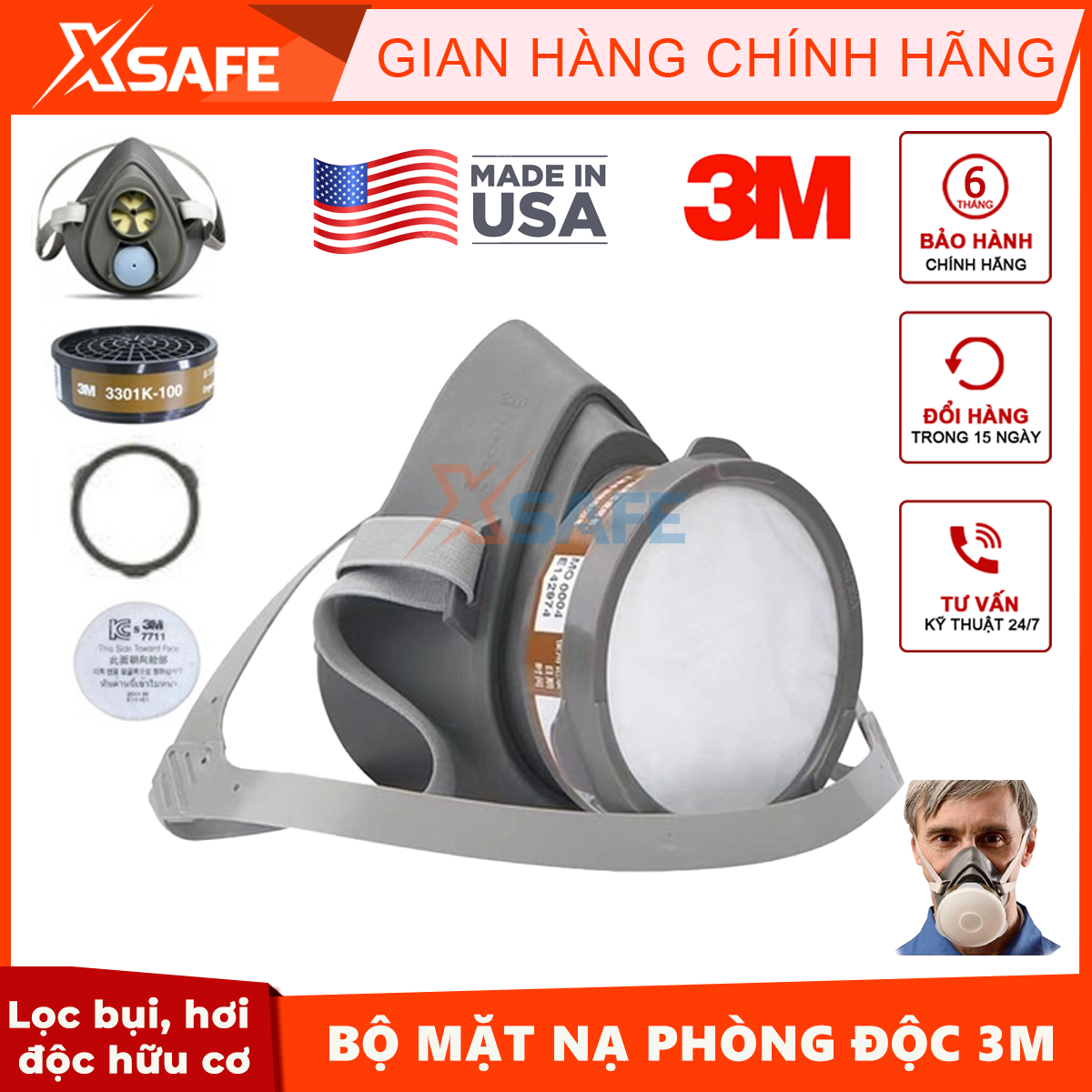 Bộ mặt nạ phòng độc 3M 3200-3301K-7711-385 (4 món) - Mặt nạ chống độc, bụi - Dùng phun sơn, phun xịt hóa chất