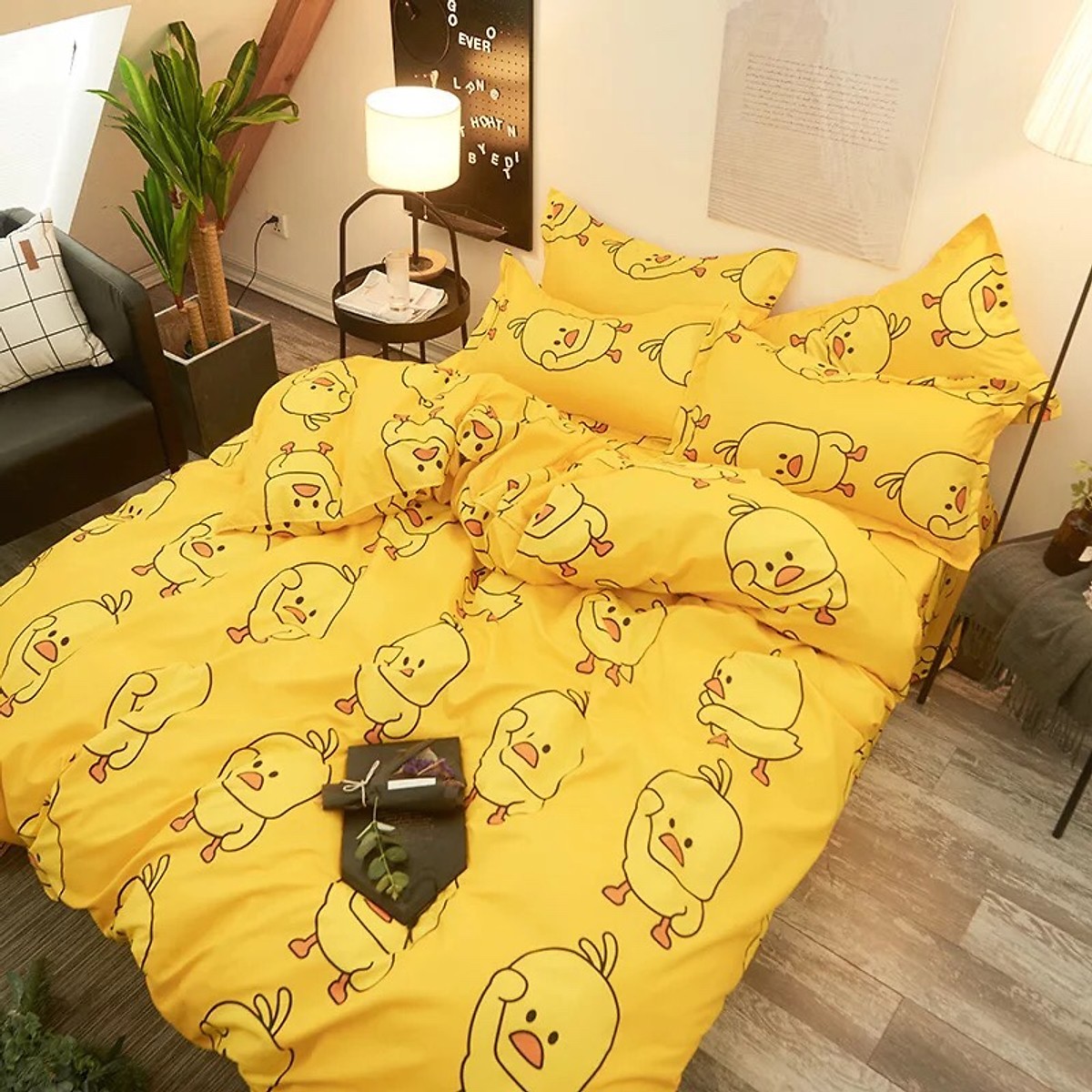 Bộ chăn ga gối cotton PL1 - Vịt Vàng - Tặng kèm 1 móc khóa Houston