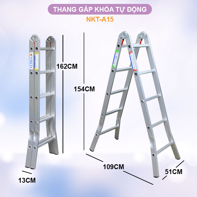 Thang nhôm chữ A, khóa sập tự động, bậc thang đột 3 nấc chắc chắn - Hàng chính hãng NIKITA