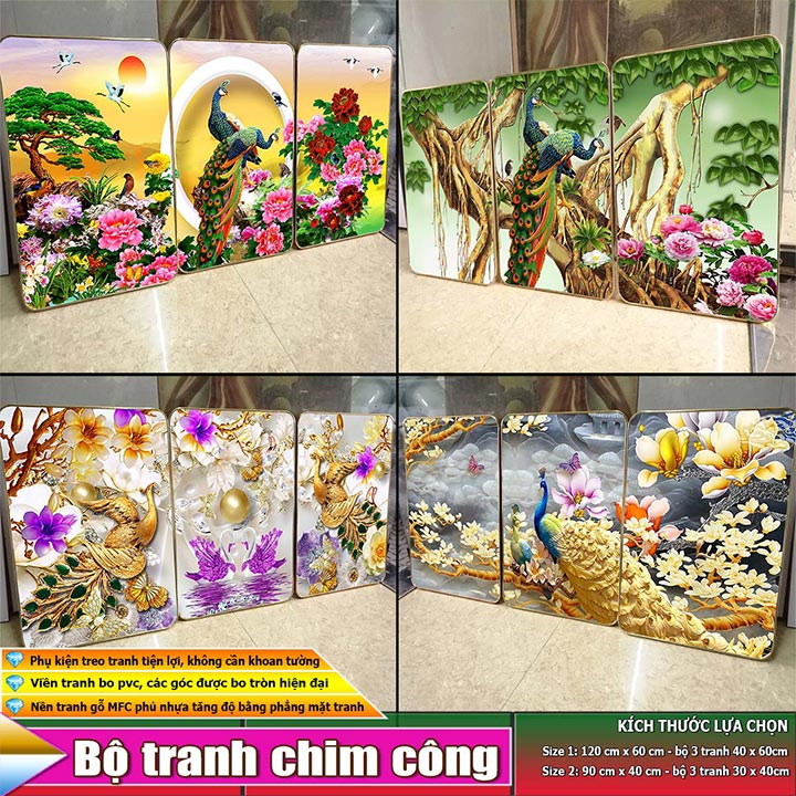 Bộ tranh treo tường 3 tấm trang trí phòng khách, phòng ngủ phong cách mỹ thuật hiện đại chất liệu cán pvc gương:4429L15S