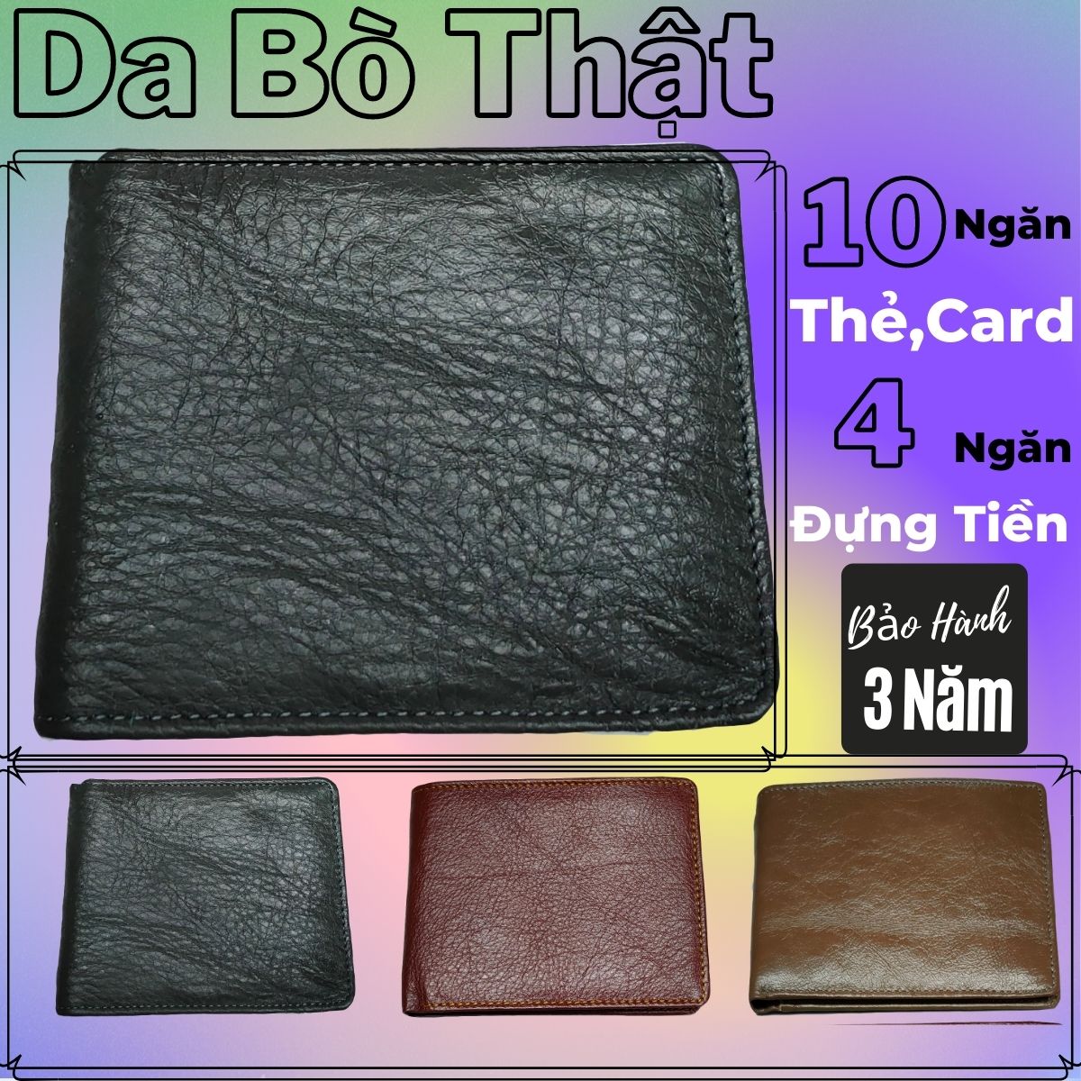 Ví da bò nam cao cấp dáng ngang - Không bong nổ, chất da mềm mại, 10 ngăn để thẻ - card kèm 3 ngăn chính