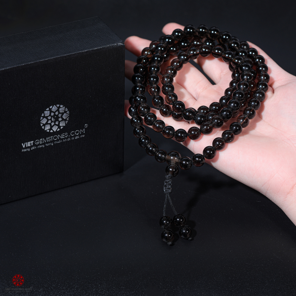 Vòng tràng hạt 10 viên đá thạch anh khói tự nhiên 8mm - Dùng lần hạt hoặc đeo tay - hợp mệnh Thủy, Mộc | VietGemstones