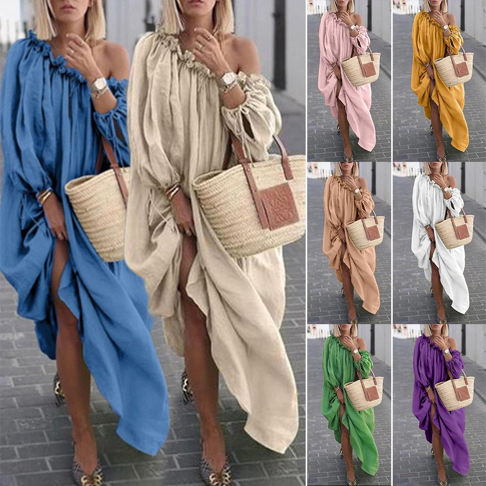 Fashion Women Solid Color Dress Off Shoulder Long Sleeve Ruched Bandage Plus Size Loose Maxi Dress