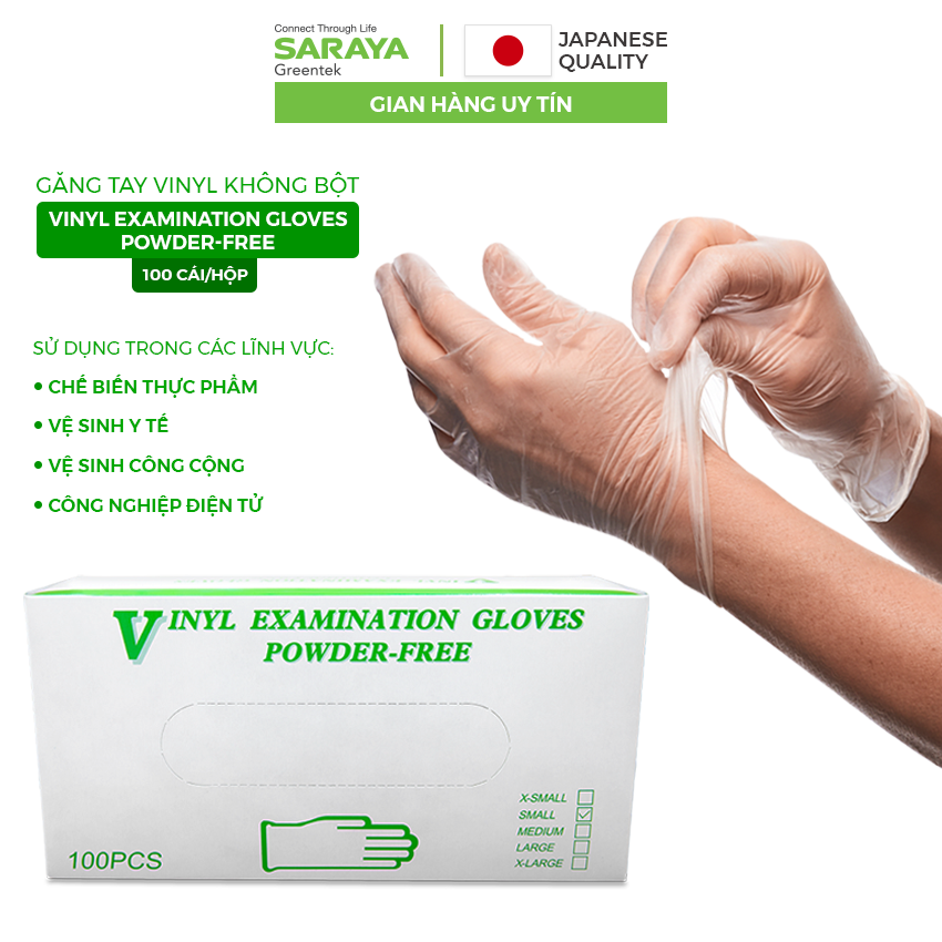 Găng Tay VINYL KHÔNG BỘT, Làm Bằng Nhựa Dẻo PVC, Dùng Trong Thực Phẩm, Vệ Sinh - 100 CHIẾC/HỘP