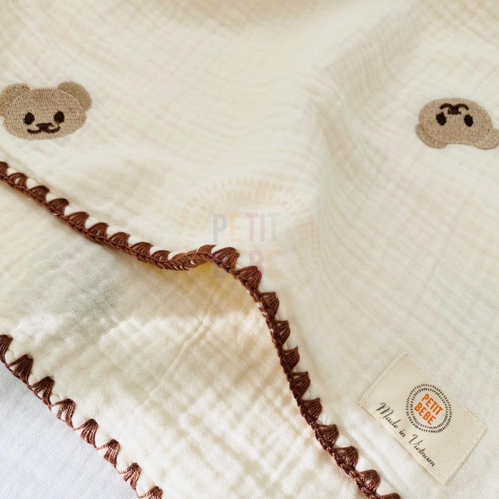 Chăn đa năng viền thủ công cho bé PETIT BEBE muslin thấm hút thoáng khí họa tiết thêu