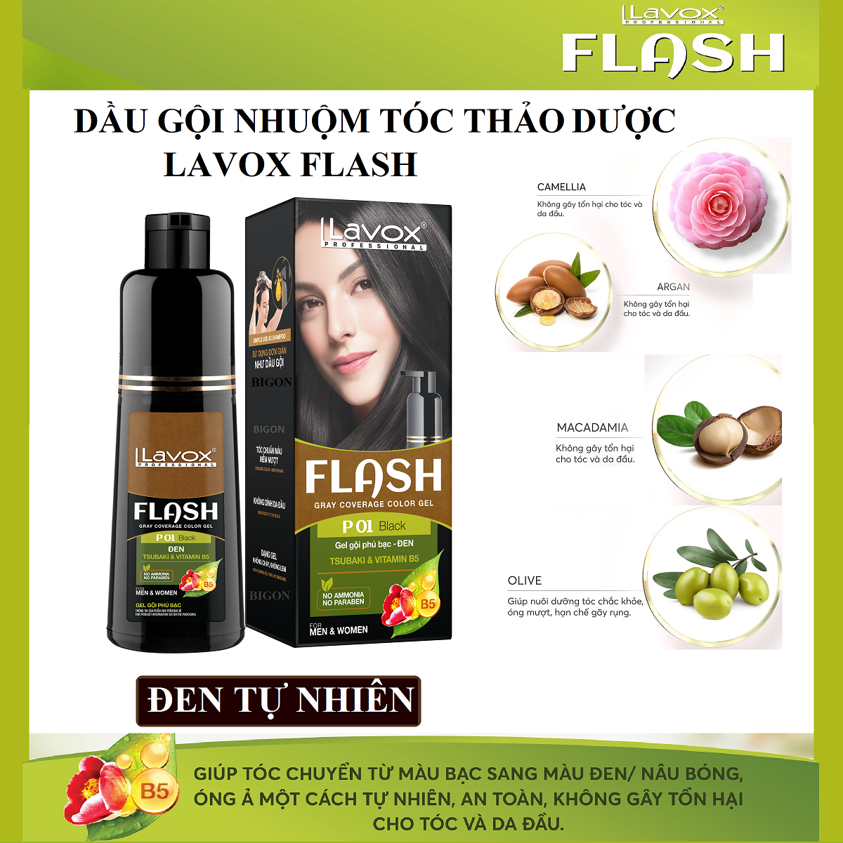 Dầu Gội Nhuộm Đen Tóc, Phủ Bạc Thảo Dược LAVOX FLASH 200ml - Đen Tự Nhiên - P01