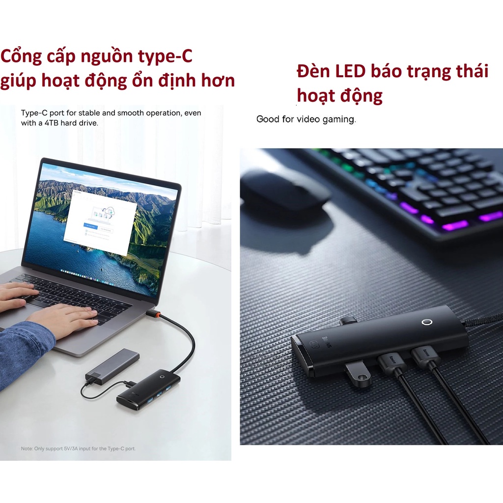 [Ra 4 cổng USB3.0 ] Bộ chuyển cổng Type-C / USB 4 trong 1 Baseus Lite Series BS-OH012 / BS-OH015 _ Hàng chính hãng