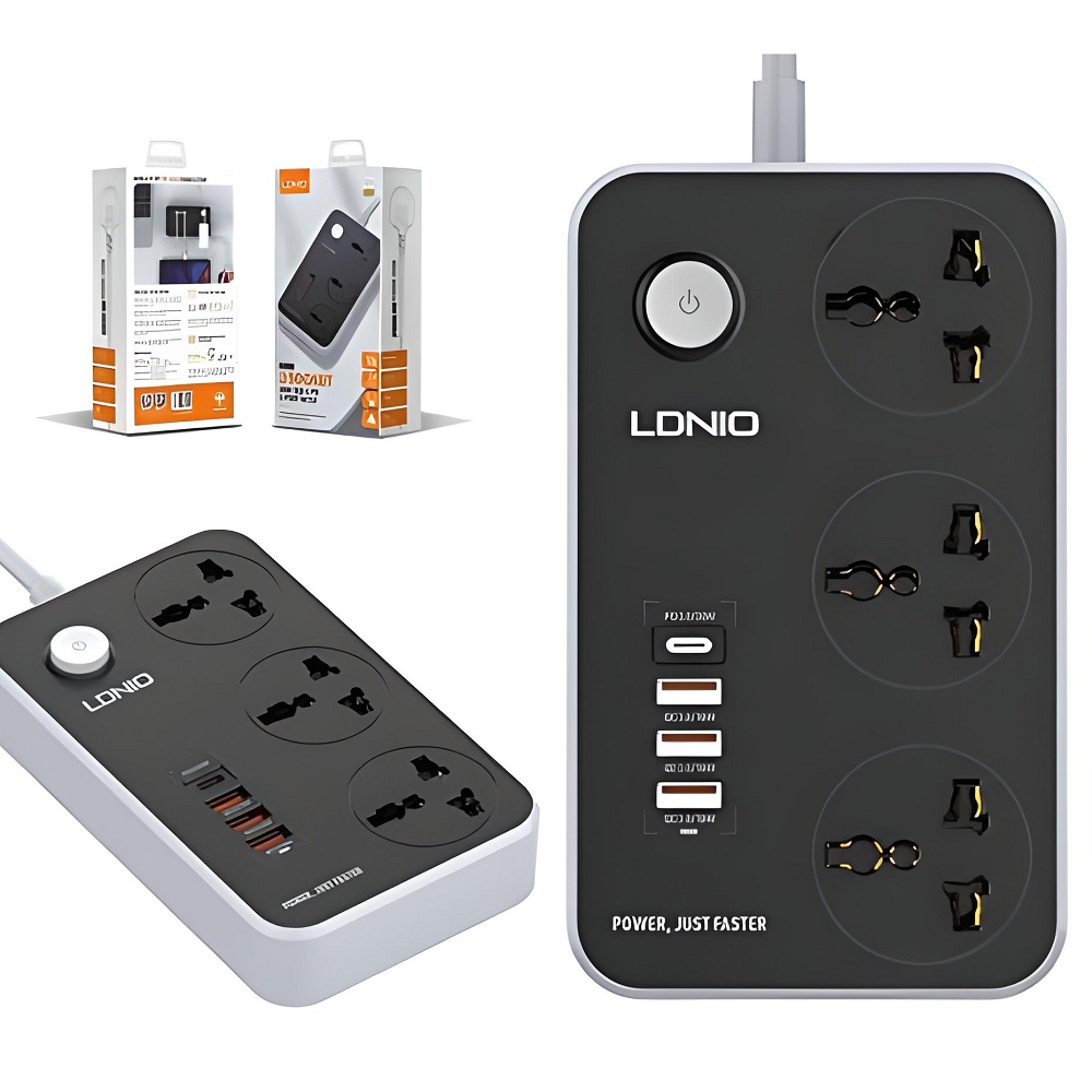 Ổ cắm điện đa năng 7 in 1 hỗ trợ sạc nhanh 38W PD 20W tổng công suất 2500W ra 3 ổ cắm 3 chân, 1 PD Type C 20W và 3 USB QC 3.0 18W hiệu LDNIO SC3412