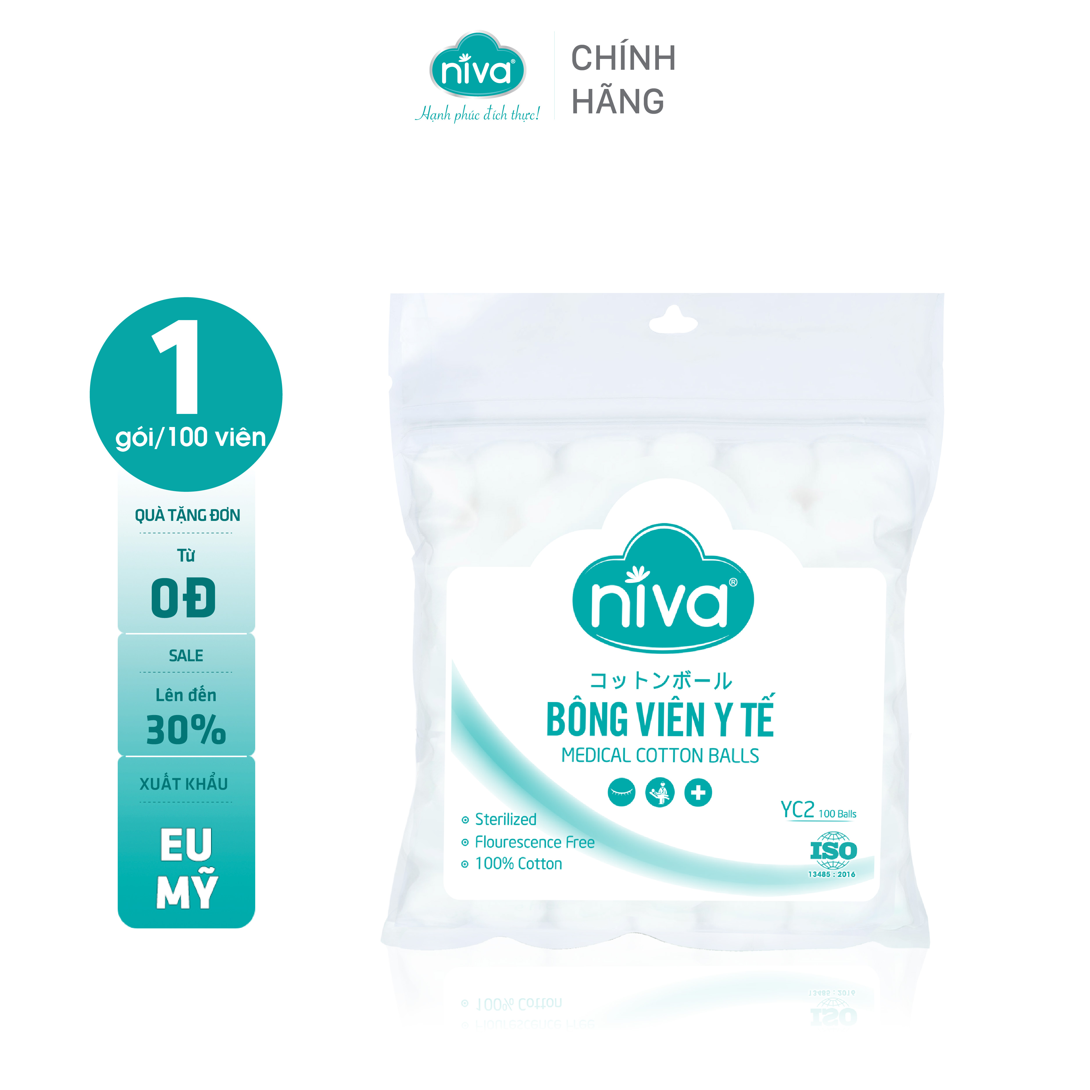 Gói 100 Bông Gòn Viên Tròn Y Tế NIVA Yc2 Đường Kính 16mm Nhét Tai Cho Phụ Nữ Sau Sinh