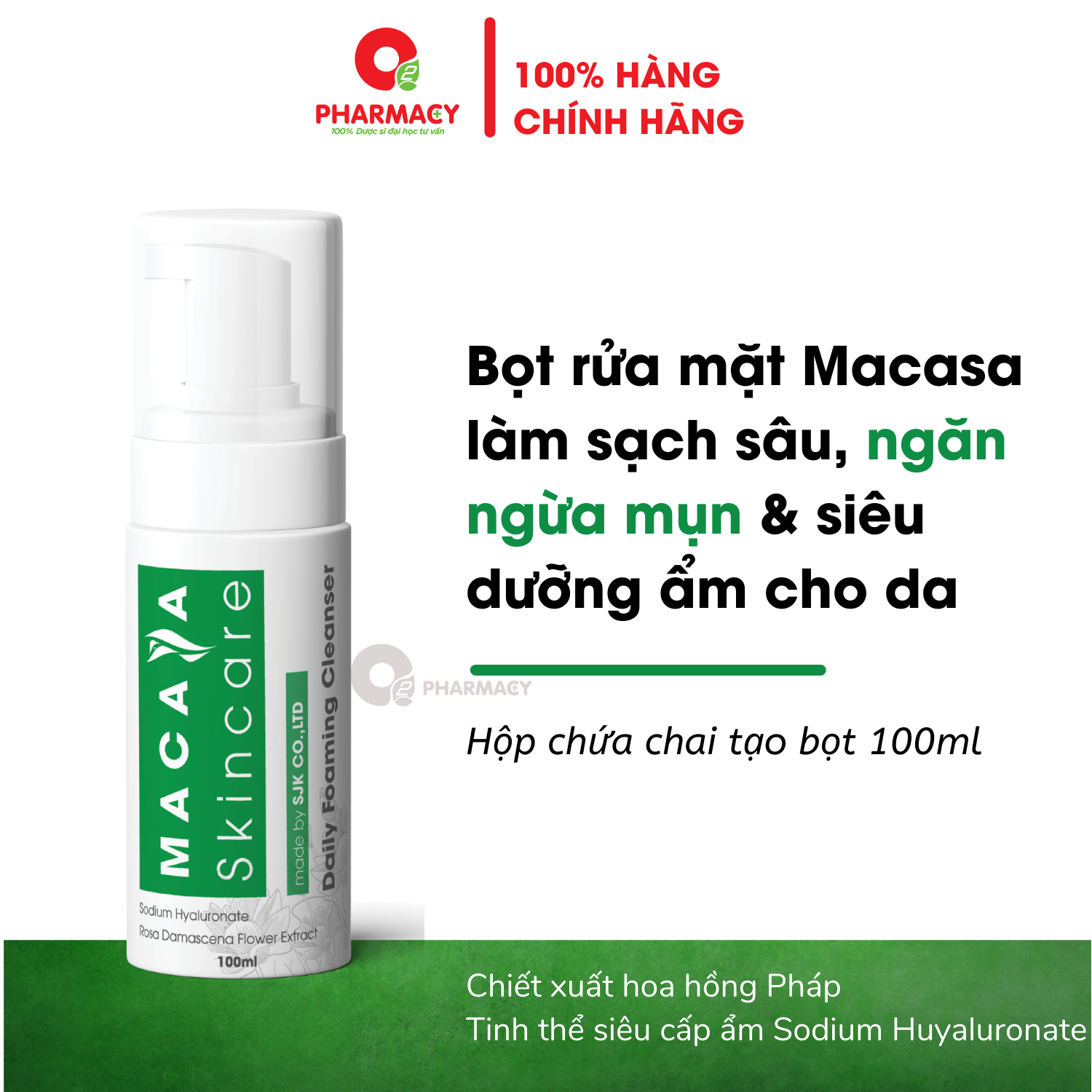 Bọt rửa mặt Macasa Skincare Daily Foaming Cleanser chiết xuất hoa hồng Pháp và tinh thể siêu cấp ẩm Sodium Huyaluronate