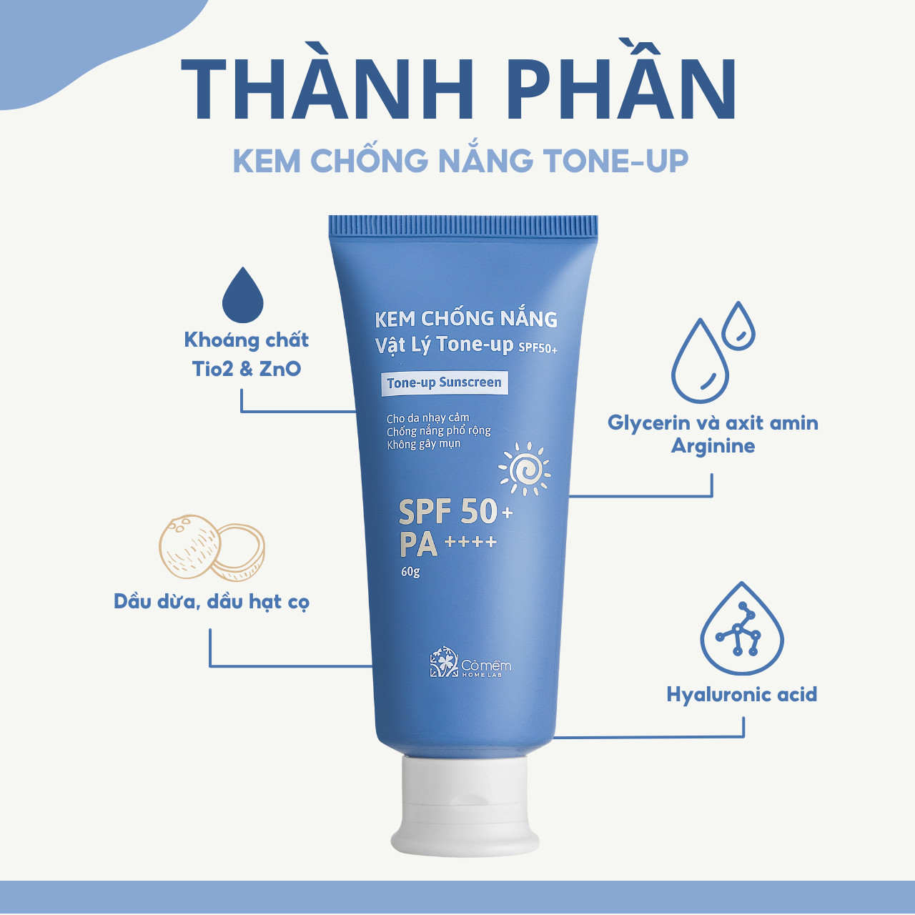 Kem Chống Nắng Vật Lý Tone Up SPF50 PA++++ Tone Up An Toàn Cho Da Nhạy Cảm Bà Bầu Trẻ Em Cỏ Mềm 60g