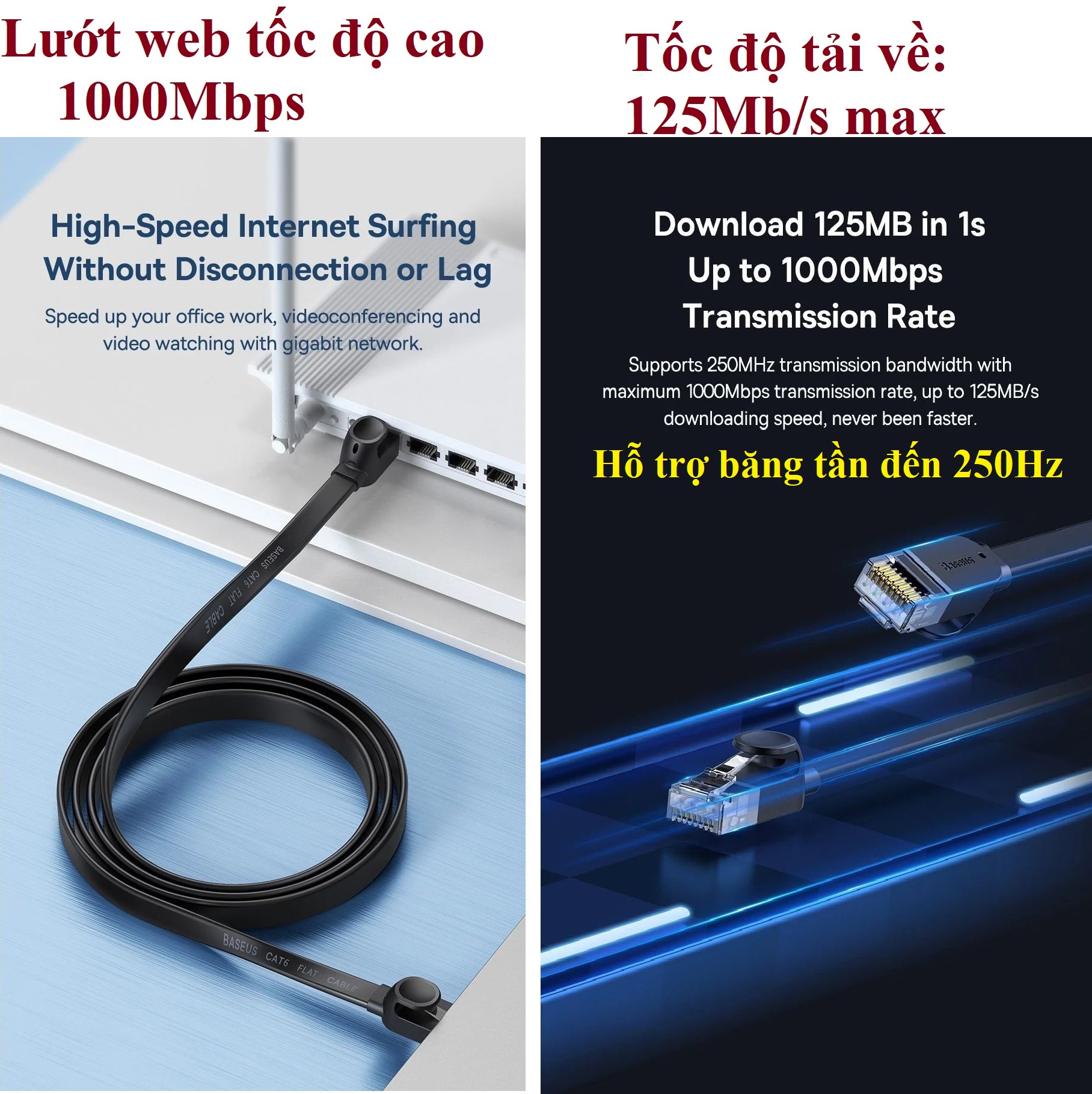 Cáp mạng LAN Cat 6 tốc độ cao 1000Mbps dây dẹp bền chống rối Baseus Six Types of RJ45 Gigabit Network Cable _ Hàng chính hãng