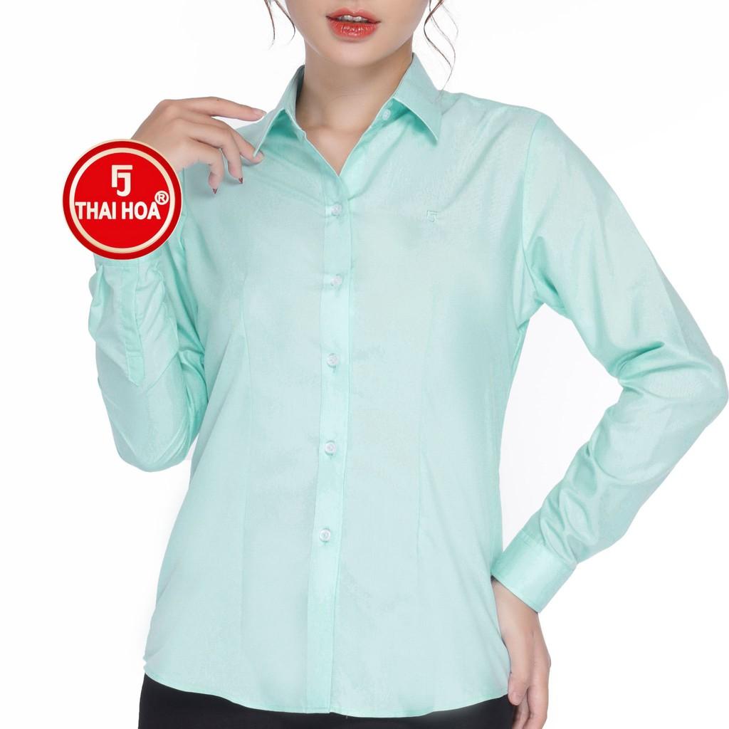 Áo sơ mi nữ Thái Hòa 047-04-01 vải cotton thoáng mát màu xanh thiên thanh
