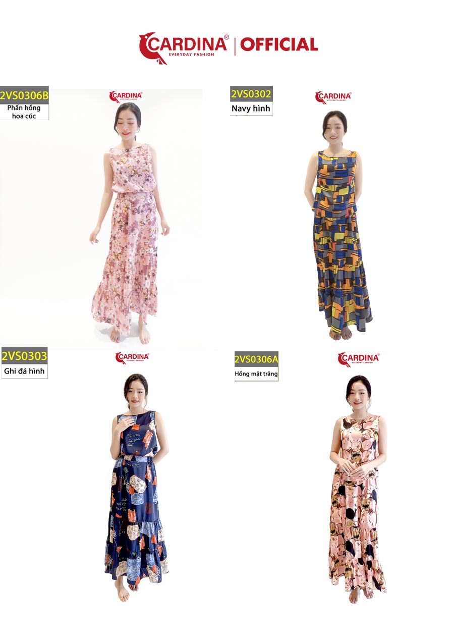 Set Đồ Nữ CARDINA Chất Lụa Satin Nhật Cao Cấp Áo Sát Nách Chân Váy Maxi Họa Tiết Trẻ Trung 2VS03