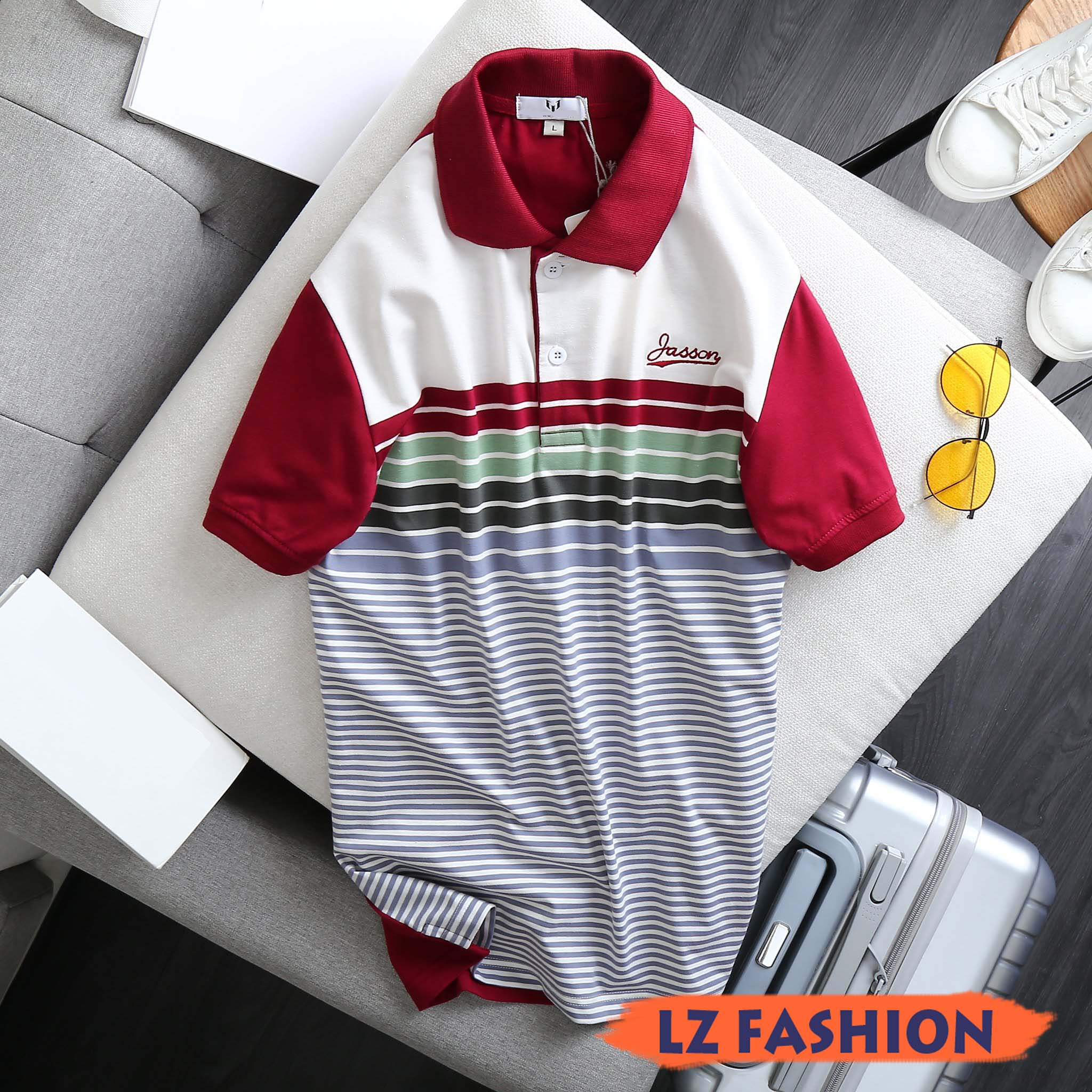 ÁO THUN CỔ BẺ PHỐI SỌC LOGO CHỮ THÊU TRẺ TRUNG - LZ FASHION - LZPS147