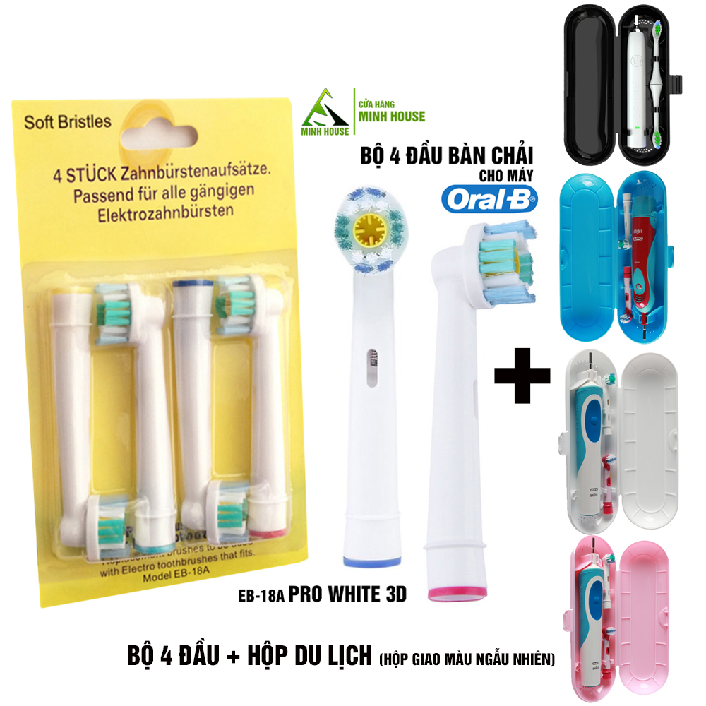 Cho máy Oral B Braun, EB-18A Pro White 3D set (4 chiếc/vỉ), Bộ 4 đầu bàn chải đánh răng điện Minh House