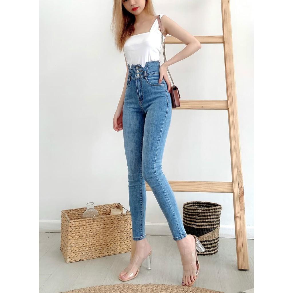 QUẦN JEAN DÀI CO GIÃN CÀI BA NÚT LƯNG KIỂU CAO CẤP LƯNG SIÊU CAO SHOP PHƯƠNG CHÂU