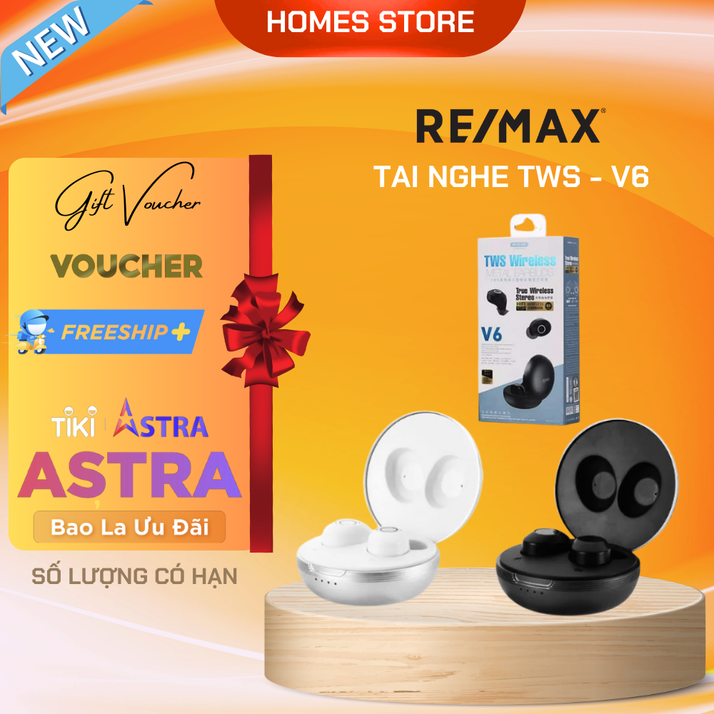 Tai nghe True Wireless Remax TWS-V6 Thời Gian Nghe 12 Tiếng Bluetooth 5.0 Âm Thanh HIFI - Hàng Chính Hãng