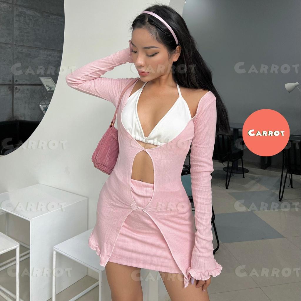 Áo croptop tay dài thiết kế đỏ chân váy ôm body áo ngực trắng đen sexy carrotxinhdep chất vải co giãn đi biển đỏ