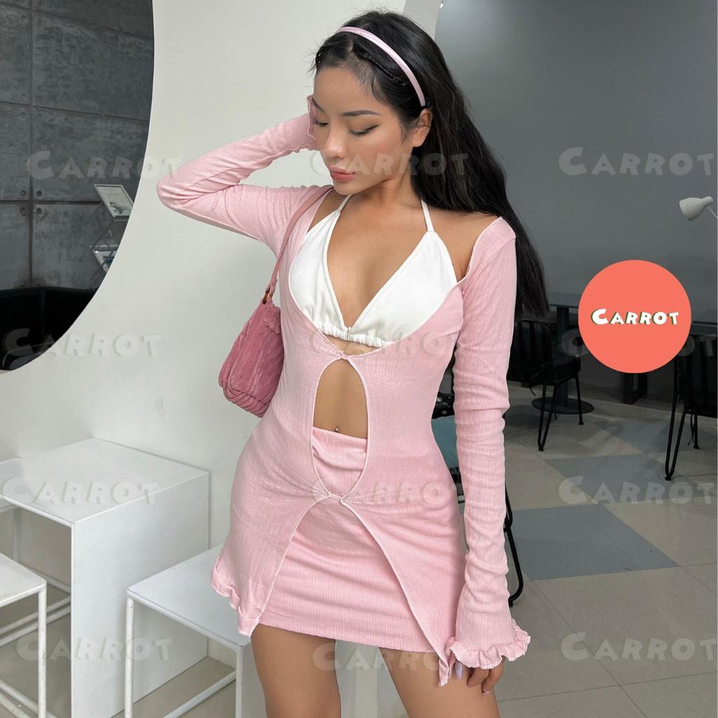 Áo croptop tay dài thiết kế đỏ chân váy ôm body áo ngực trắng đen sexy carrotxinhdep chất vải co giãn đi biển (53)đỏ(59)