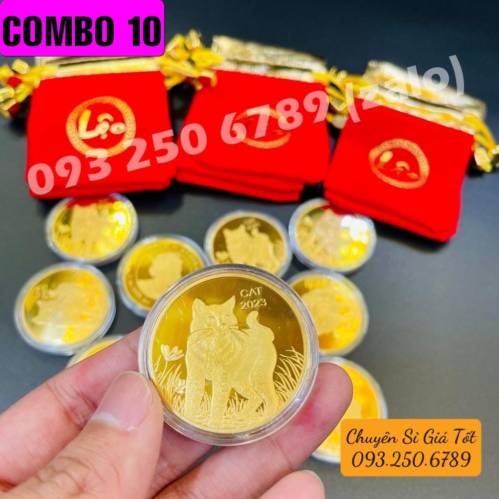Tiền Xu Vàng Con Mèo Úc Mừng Năm Quý Mão - túi LỘC gấm đỏ tặng kèm mỗi xu
