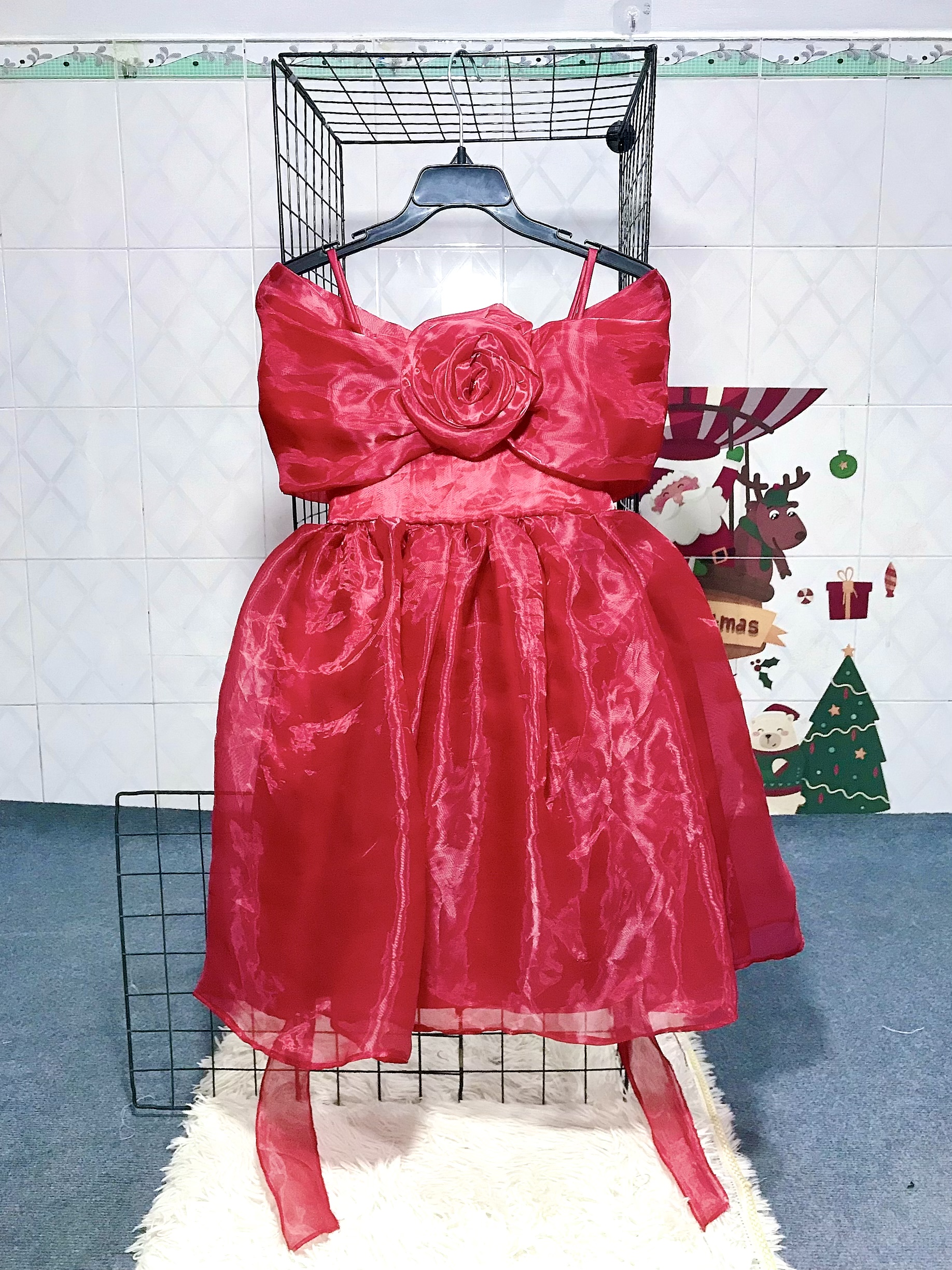 Váy công chúa, đầm công chúa thiết kế cao cấp cho bé gái màu đỏ tay bồng bẹt vai cho bé từ 3-7 tuổi