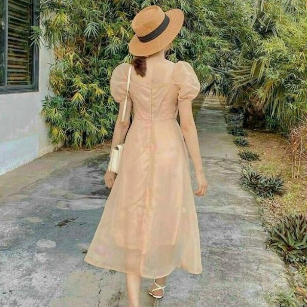 Đầm váy nữ dự tiệc voan tơ cổ vuông đính ngọc đỏ trắng nude nhẹ nhàng trẻ trung