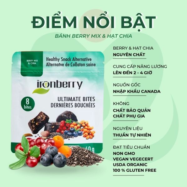 Bánh năng lượng berry mix hạt chia IRONBERRY snacks ăn vặt ăn sáng healthy eat clean, thuần chay, nhập khẩu 100% Canada