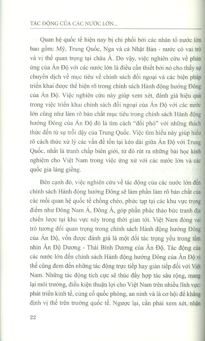 Tác Động Của Các Nước Lớn Đến Chính Sách Hành Động Hướng Đông Của Ấn Độ (Sách Chuyên Khảo)