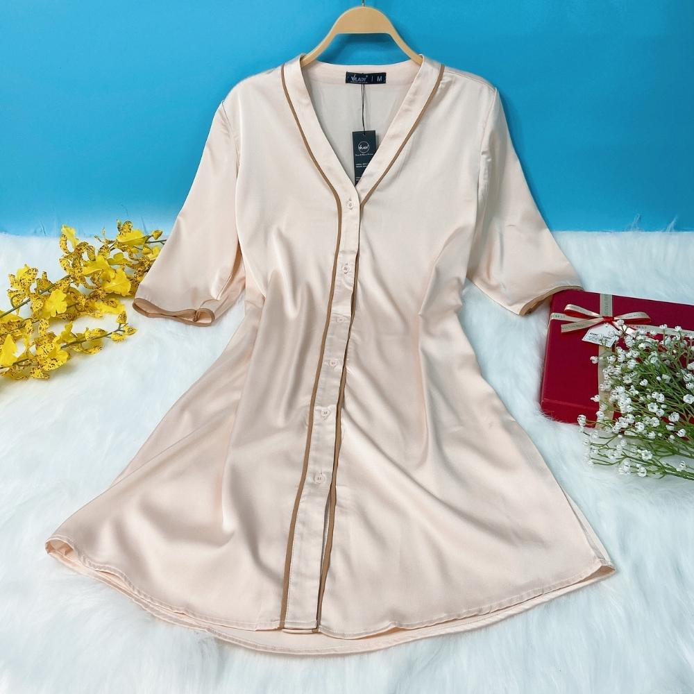 Váy ngủ nữ, váy lụa cao cấp VILADY - V119 kiểu cổ V tay lỡ phối viền màu San hô, chất liệu lụa Pháp