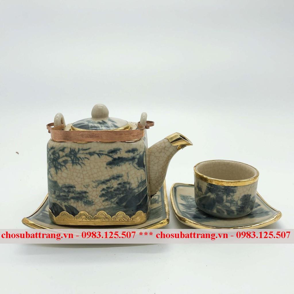 Bộ ấm chén rạn bọc đồng vuông