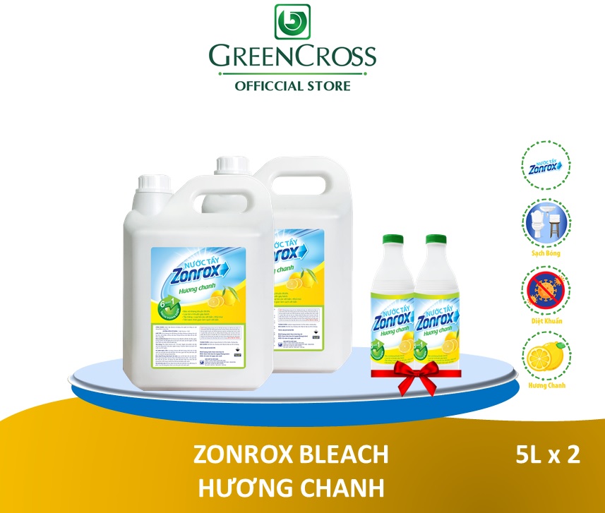 COMBO 2 CAN 5L NƯỚC TẨY ĐA NĂNG ZONROX HƯƠNG CHANH - TẶNG THÊM 2 CHAI 500ML CÙNG LOẠI