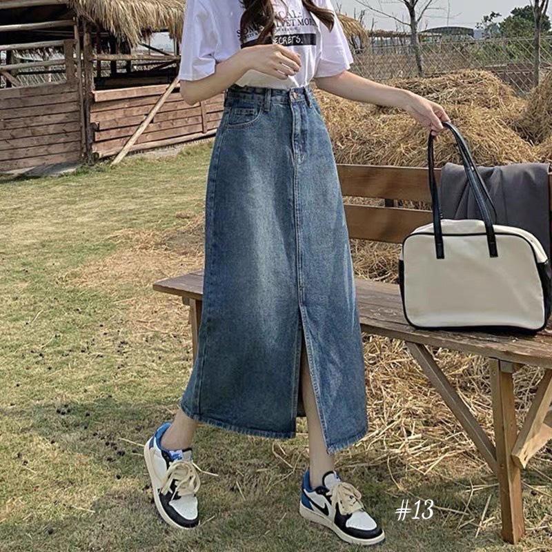 Chân váy jeans trơn basic EMIX, váy midi dáng dài, xẻ trước, cạp cao, có túi