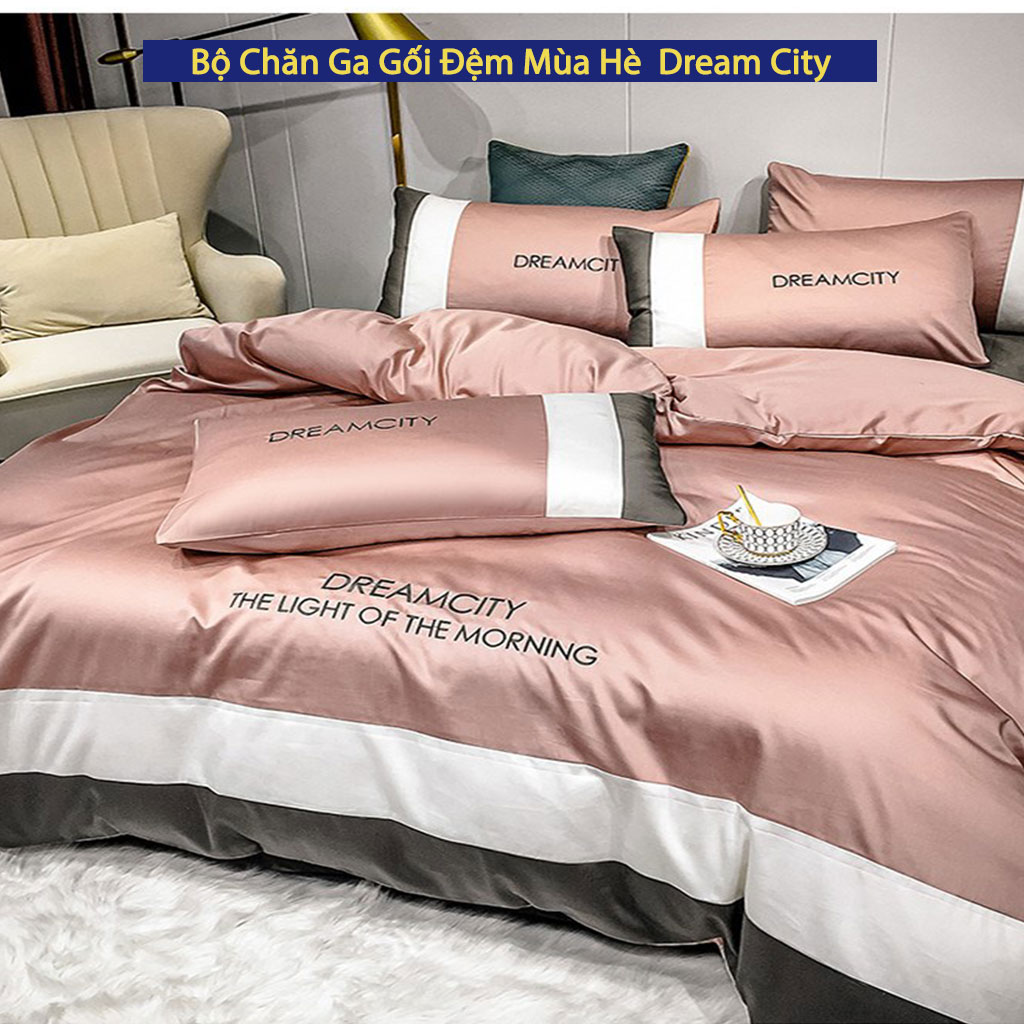 Bộ Chăn Ga Gối Đệm Mùa Hè Dream City Drap Giường Phi Bóng Cao Cấp Bo Chun Drap